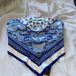 Blue and white strapless bandana style crop top